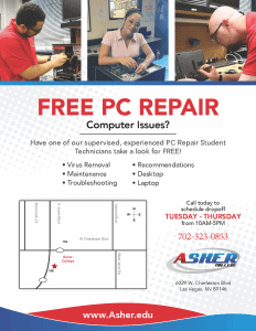 PC Repair clinic flyer for Las Vegas campus.